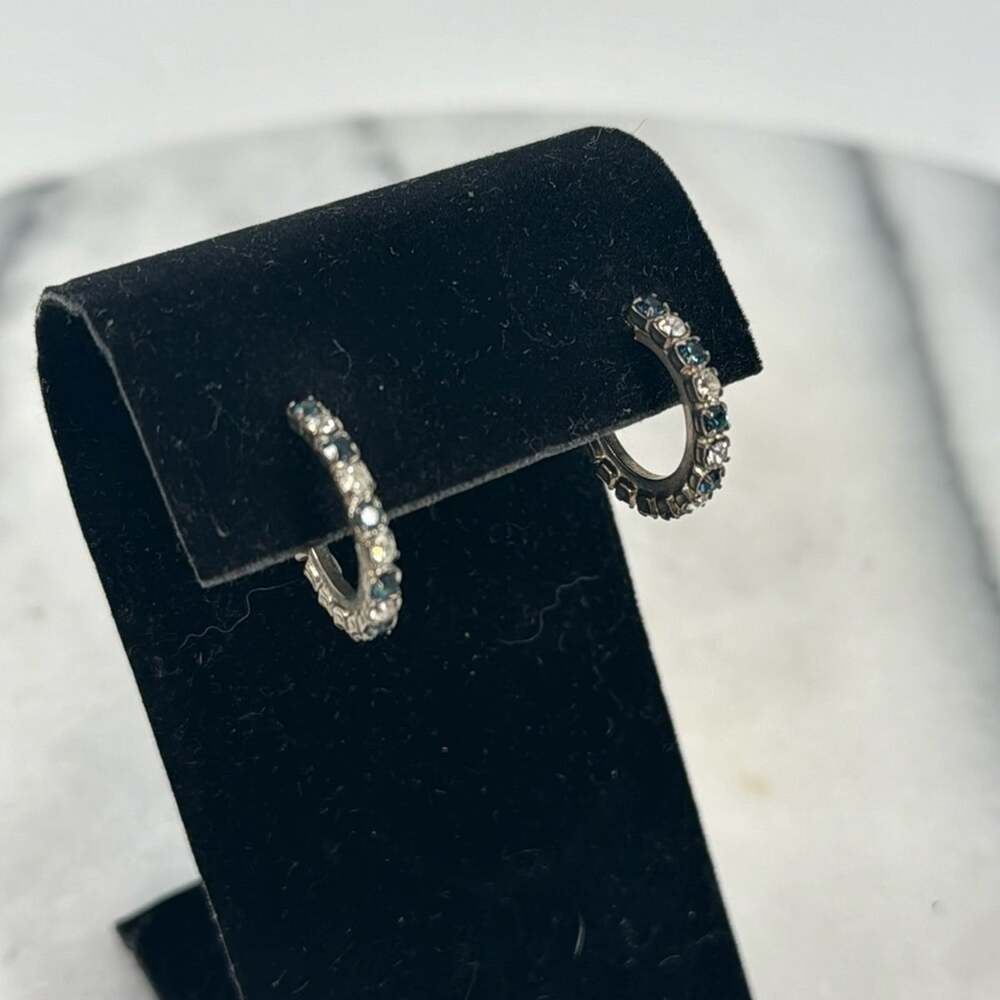 Vintage blue and silver rhinestones encrusted hoop earrings